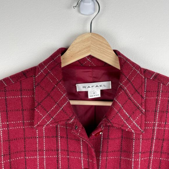 90s Vintage Plaid Tweed Blazer Jacket Women 6 Red Wool Blend Long Sleeve Pockets - Picture 2 of 9
